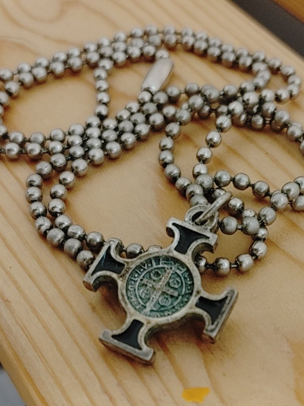 Vintage St. Benedict cross medal with black enamel necklace